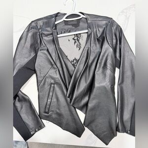 Thalia Sodi Faux Leather and Lace Black Blazer with Pockets